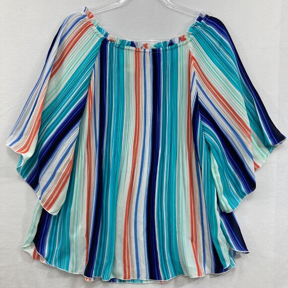 New Worthington size XL Colorful Striped Pleated Ruffle Blouse Romantic Vacation - Picture 8 of 9